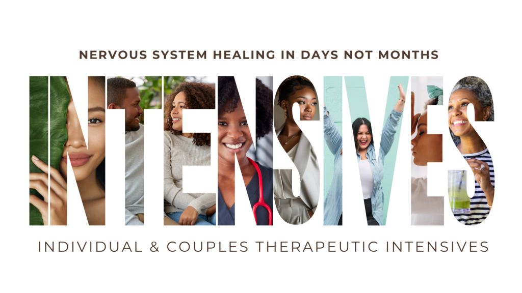 Pictures of individuals and couple embedded within the letters of the word Intensives.