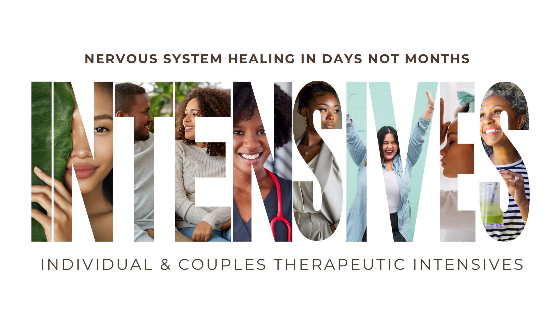 Pictures of individuals and couple embedded within the letters of the word Intensives.